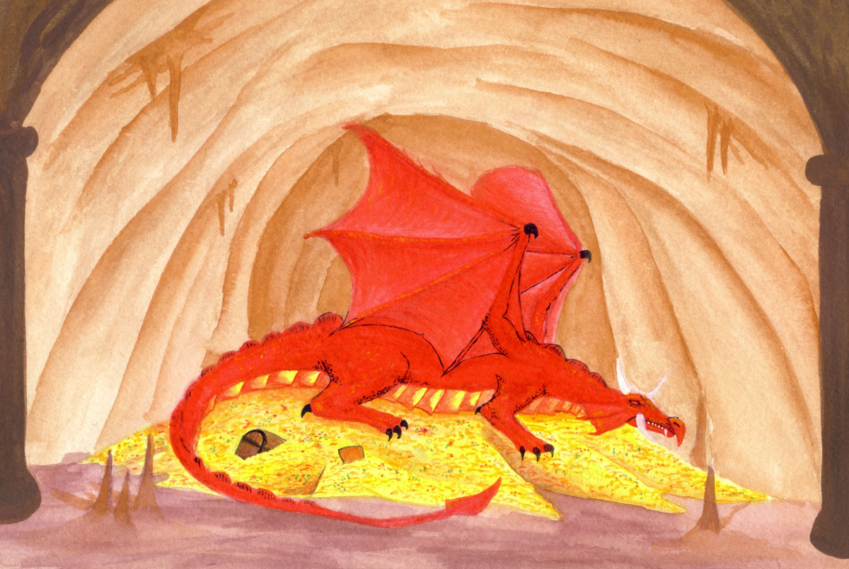 Painting of Smaug the Dragon and his hoard of treasure