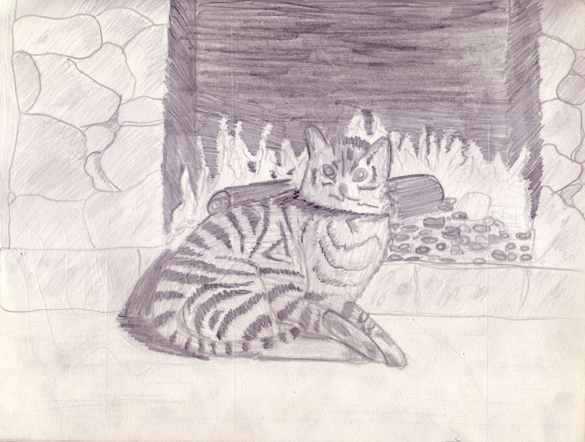 Drawing of a cat by a fire