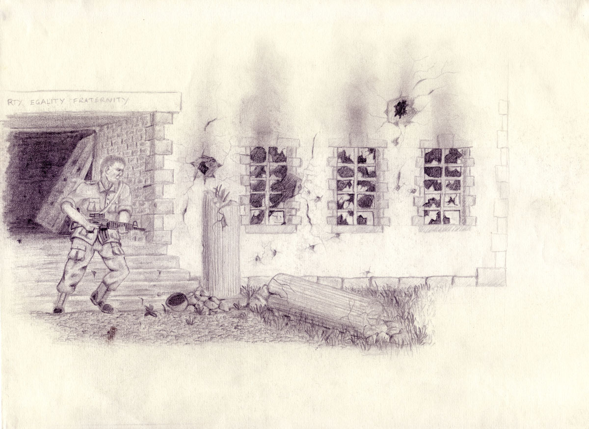 Drawing of a mercenary soldier leaving a shell pocked building