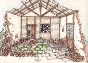 Colour drawing of a ruined building