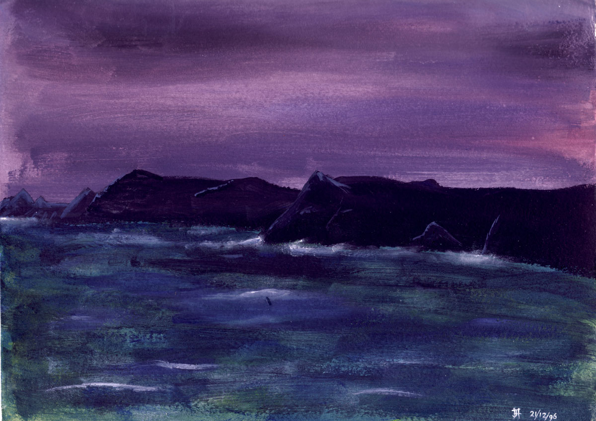 Painting of a stormy night on the coast