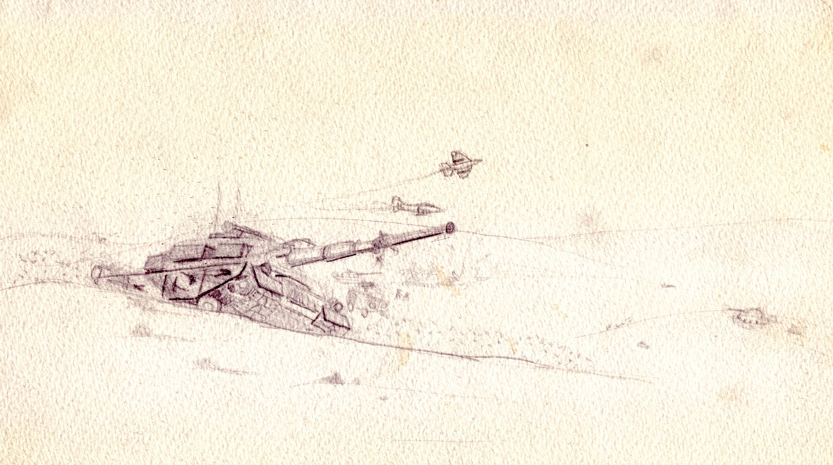 Drawing of tanks rolling through the desert