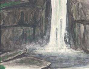 Painting of a waterfall and pool - this was taken from a larger painting of a red dragon swooping over the waterfall
