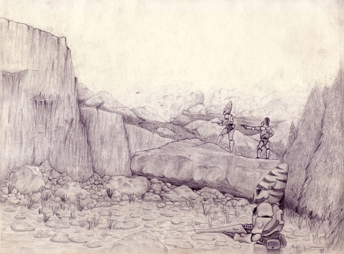 Drawing of Eldar Guardians patroling a forest planet