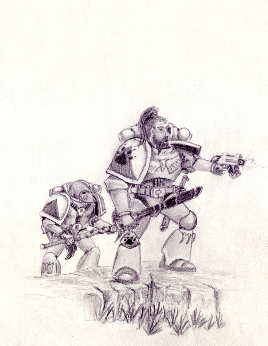 Drawing of Space Wolf Blood Claws in battle