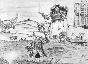 Drawing of a Space Wolf Captain leaging a counter attack