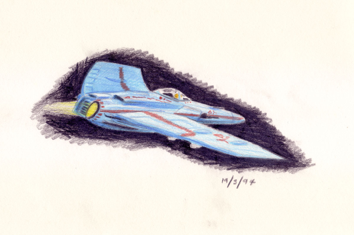 Colour drawing of a spaceship in flight