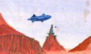 Painting of a spaceship swooping over a desert planet