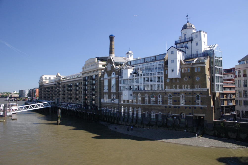 View of south bank of Thames from the southern end of Tower Bridge - looking east.