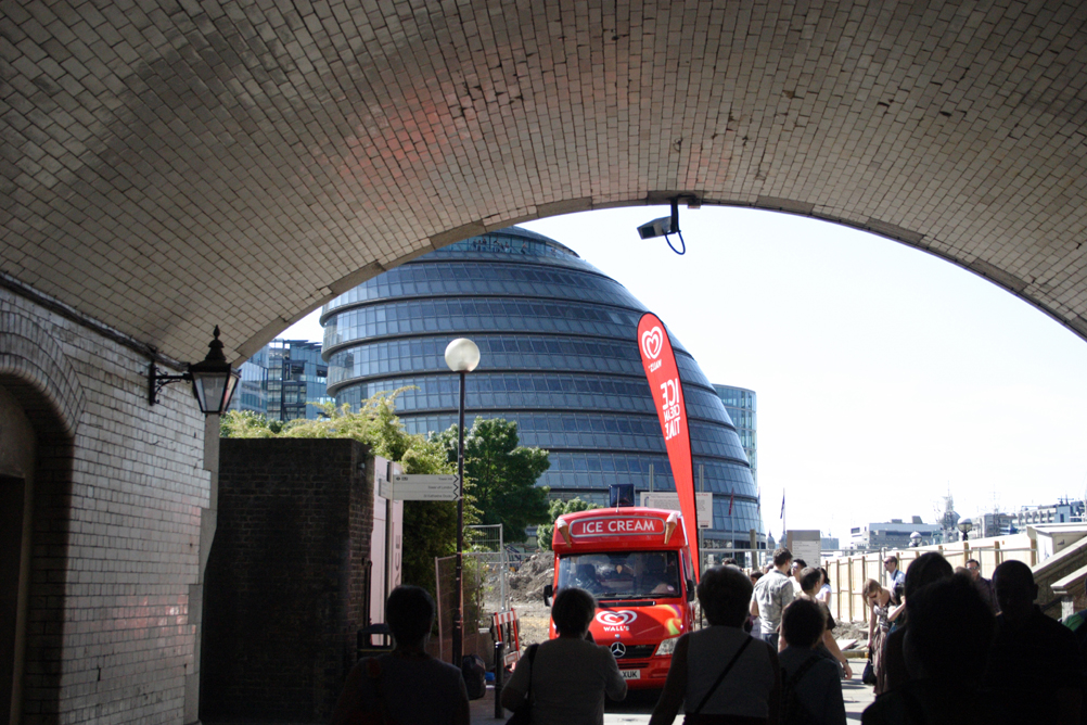 London Assembly Building from below the approach road of Tower Bridge.