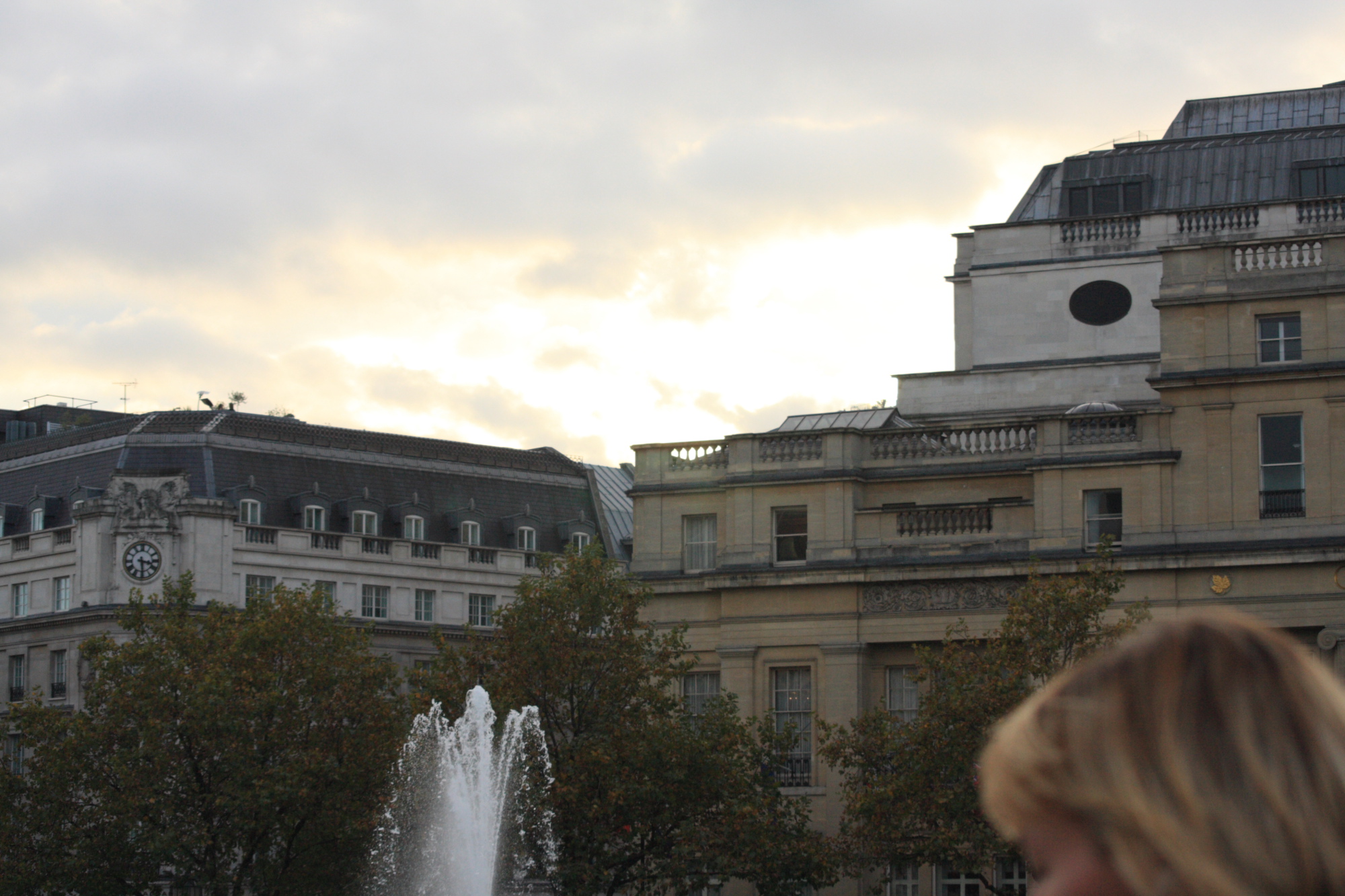 Sun going down behind Trafalgar Square