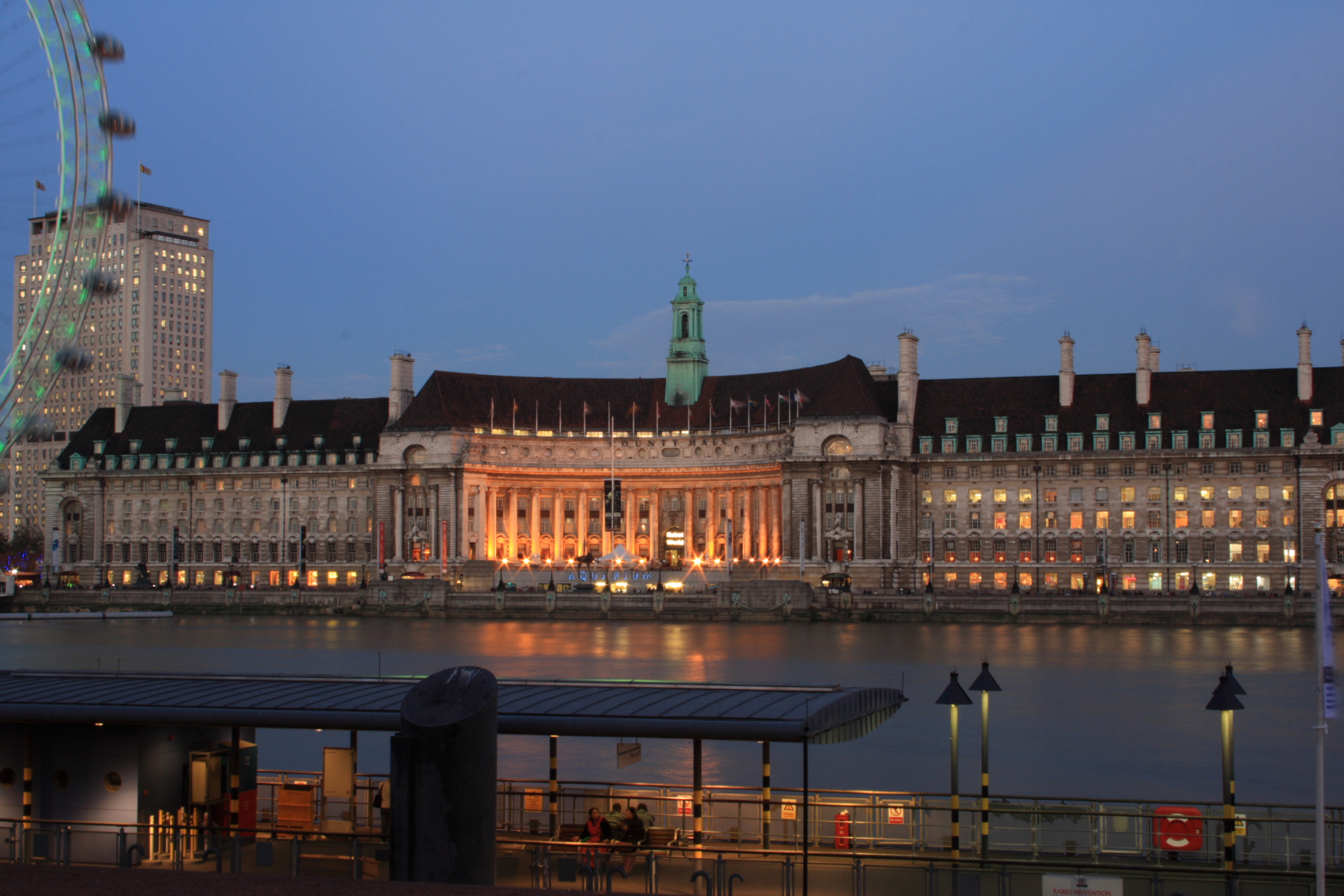 County Hall at dusk.
