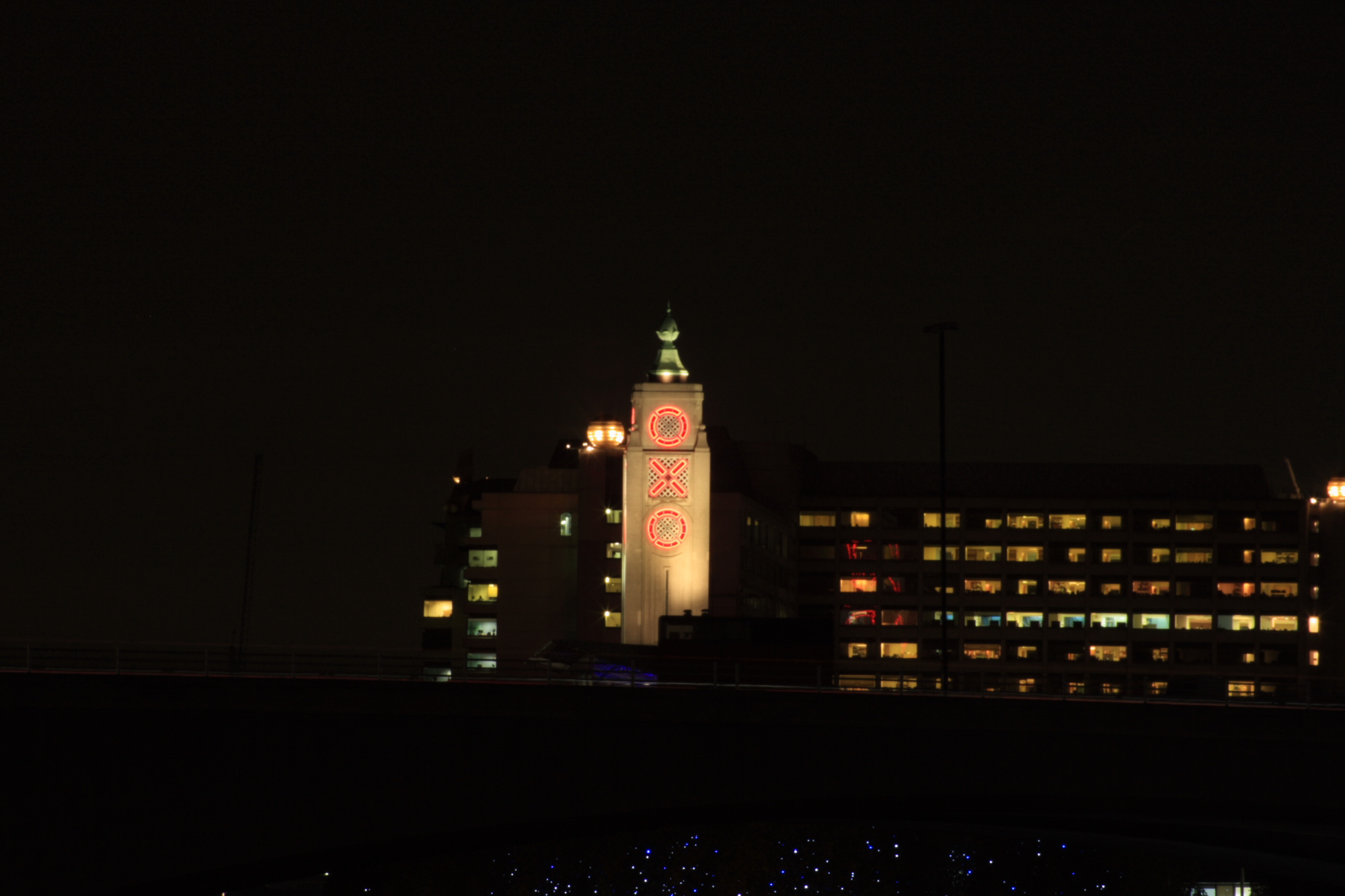 OXO building illuminated at night.