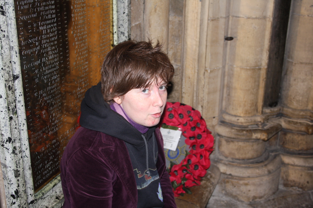 Anna waiting to climb the tower at York Minster Cathedral