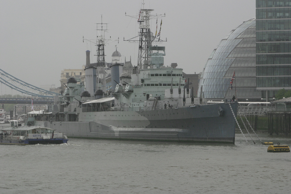 HMS Belfast berthed on the Thames, to the left you can just make out part of Tower Bridge and on the right is the London Assembly building.