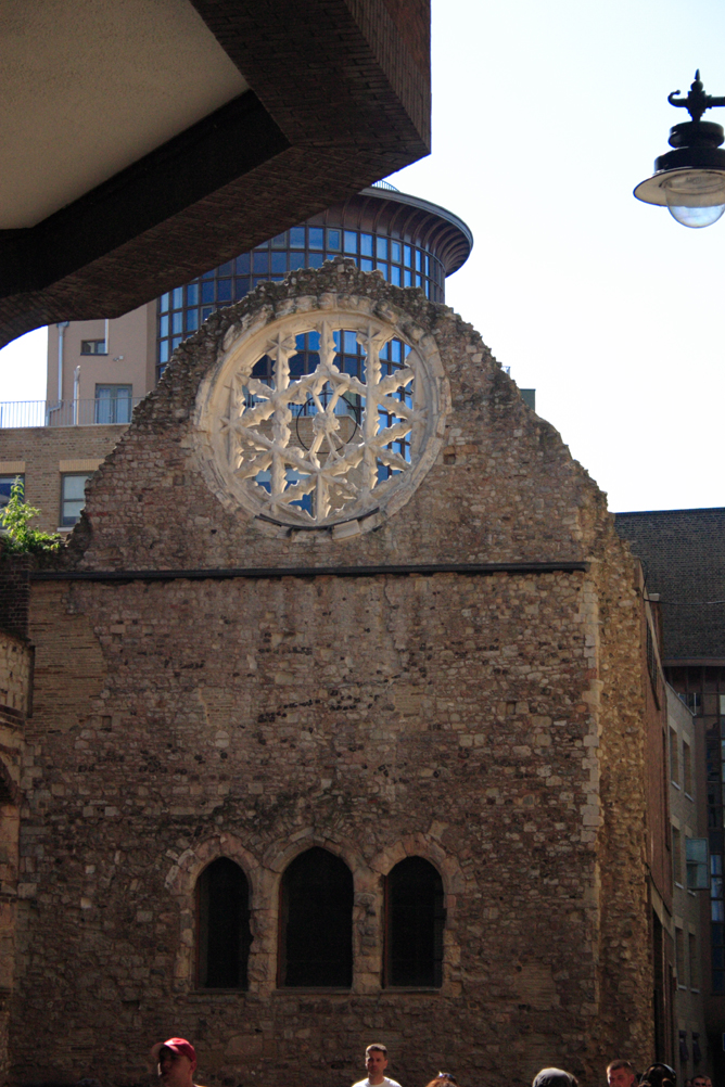 Ruined church buildings on South Bank of Thames near to the replica of the Golden Hind.